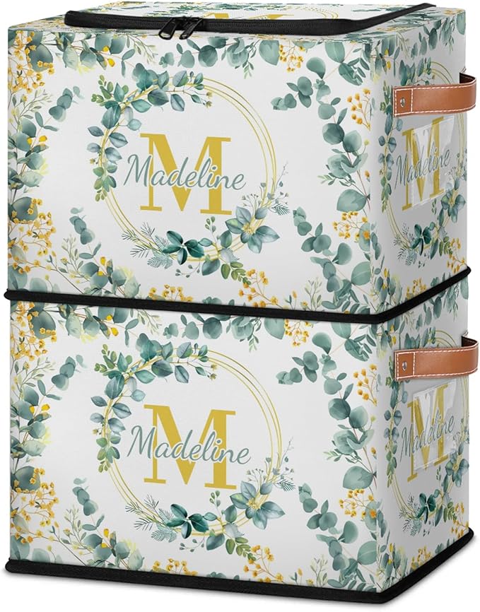 Personalized Eucalyptus Initials Storage Bins with Zipper Lid Custom Fabric Storage Boxes Foldable Closet Organizers Cubes for Clothes Shelves Home Decorative 2PCS Flower Leaves