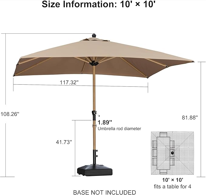PURPLE LEAF 10' x 10' Square Patio Umbrella Outdoor Table Umbrella Aluminum Market Umbrella with 8 Sturdy Ribs &amp Crank Outdoor Umbrellas for Garden Deck Patio Taupe