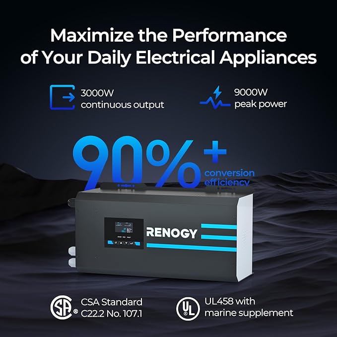 Renogy 3000w Pure Sine Wave Inverter Charger 12V DC to 120V AC Surge 9000w for Off-Grid Solar RV Boat Home w/LCD Display Auto Transfer Switch Compatible with Lithium Battery