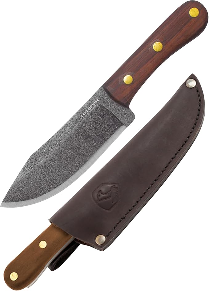 Condor Tool &amp Knife Mini Hudson Bay Fixed Blade Hunting Knife - 1075 High Carbon Steel - Hand Crafted Welted Leather Sheath - 4.9in Blade - 5mm Thick - 9.5oz