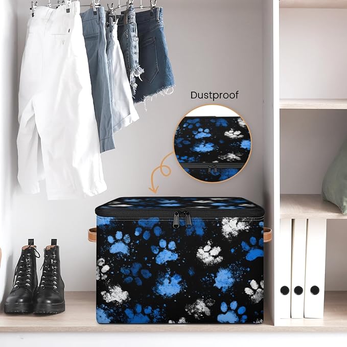 Storage Bin with Lid Paws Prints Stackable Closet Storage Bins Decorative Bedroom Organizer Box Lidded Baskets Living Room Storages Boxes Cube Organizer Cute Container with Handles
