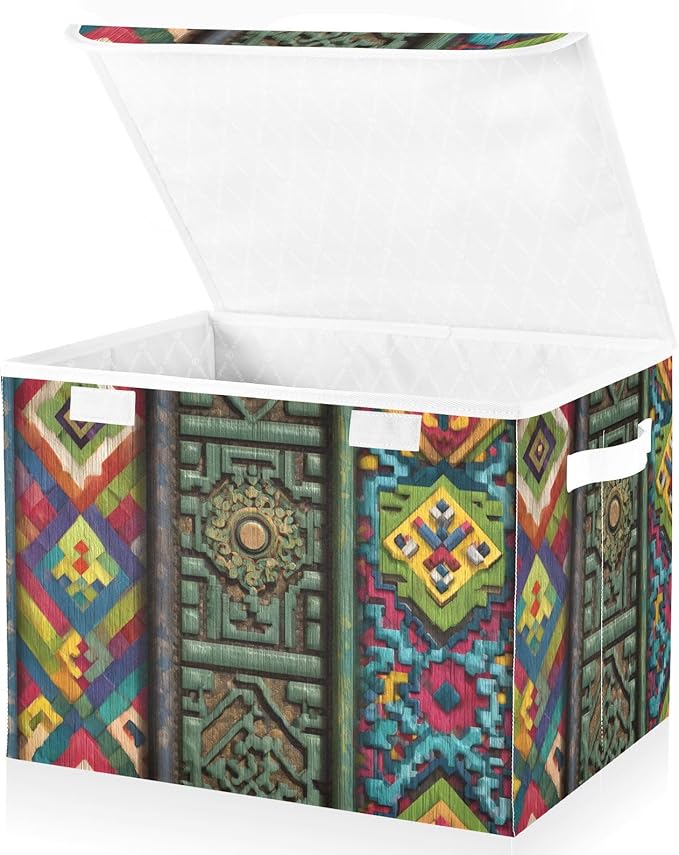 Tradition Pattern Large Storage Bins with Linen Foldable Storage Box Fabric Organizer Bin with Flip-Top Lid for Home Office 16.5 x 12.6 x 11.8 Inch