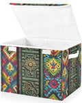 Tradition Pattern Large Storage Bins with Linen Foldable Storage Box Fabric Organizer Bin with Flip-Top Lid for Home Office 16.5 x 12.6 x 11.8 Inch