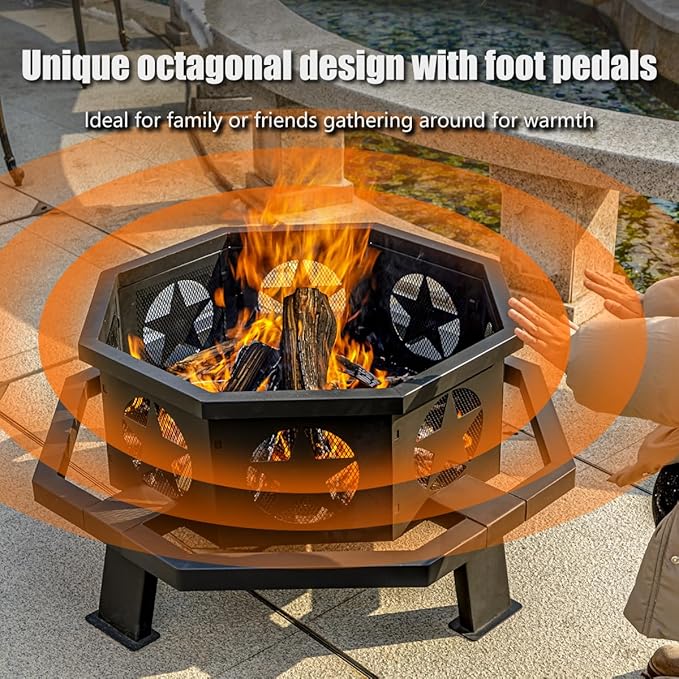 Panovue 35 inch Fire Pit for Outside Heavy Duty Wood Burning Fire Pits with Fire Poker Outdoor Octagonal Firepit for Camping Yard Patio