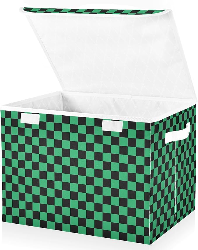 Green Black Checkerboard Storage Baskets Lidded Bin Foldable Storage Boxes Cubes Lids with 2 Handles for Organizing Closet Home Office