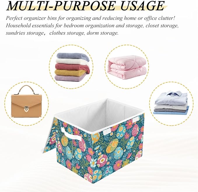Storage Baskets with Lids Colorful Eggs Collapsible Bins Stackable Fabric Linen Baskets Closet Organizer Container 16.5x12.6x11.8