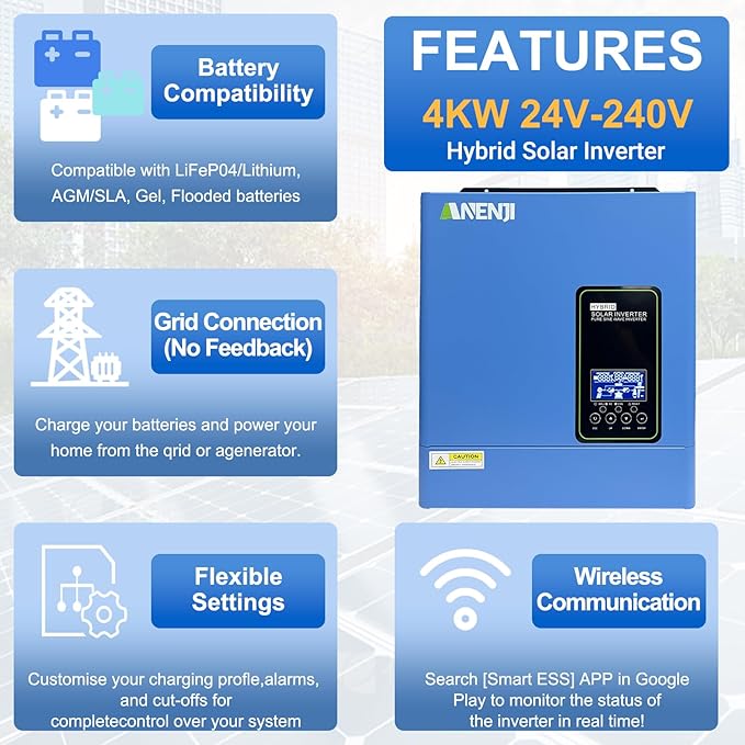 3000W Hybrid Inverter 24Vdc to 110Vac Solar Inverter Charger Built-in 80A MPPT Controller Pure Sine Wave PV Power Converter Supports Battery-Less or AGM Lithium Battery