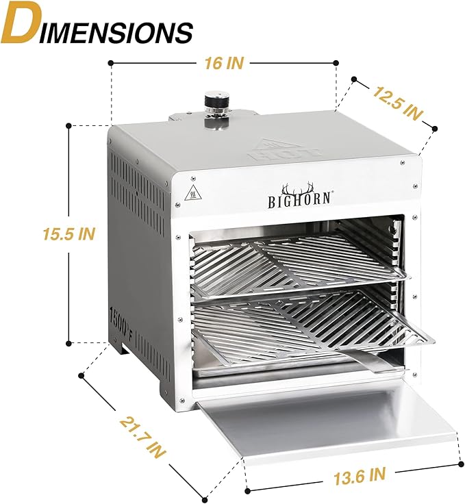 BIG HORN OUTDOORS 1500°F Small Infrared Propane Gas Grill – Portable Steak Broiler &amp Sear Station Outdoor Salamander BBQ with Pizza Stone Stainless Steel