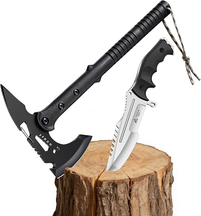 Freelander Outdoor Axe Hatchet with Sheath and Outdoor Fixed Blade Knife with Kydex Sheath