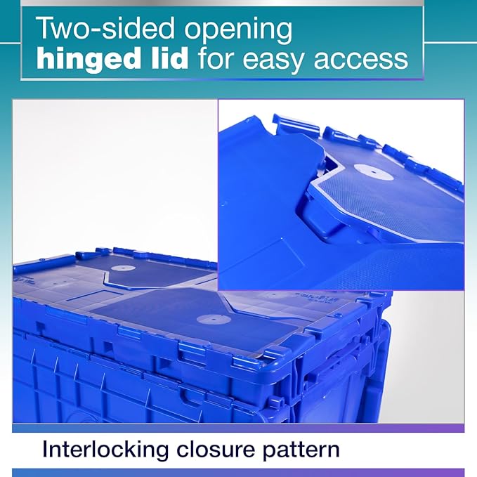 IDL Packaging 14-Gallon Industrial Plastic Tote with Hinged Lids Blue Pack of 1 - Heavy-Duty Large 22L x 15W x 12H Container for Warehouses Garages and Home Storage