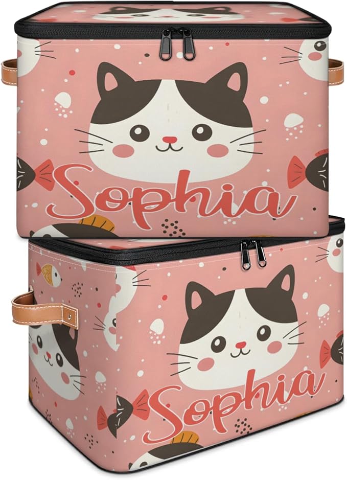 Custom Storage Basket with Name Personalized Storage Bins with Zipper Lid Foldable Fabric Storage Box Large capacity with Handle Cat Pink