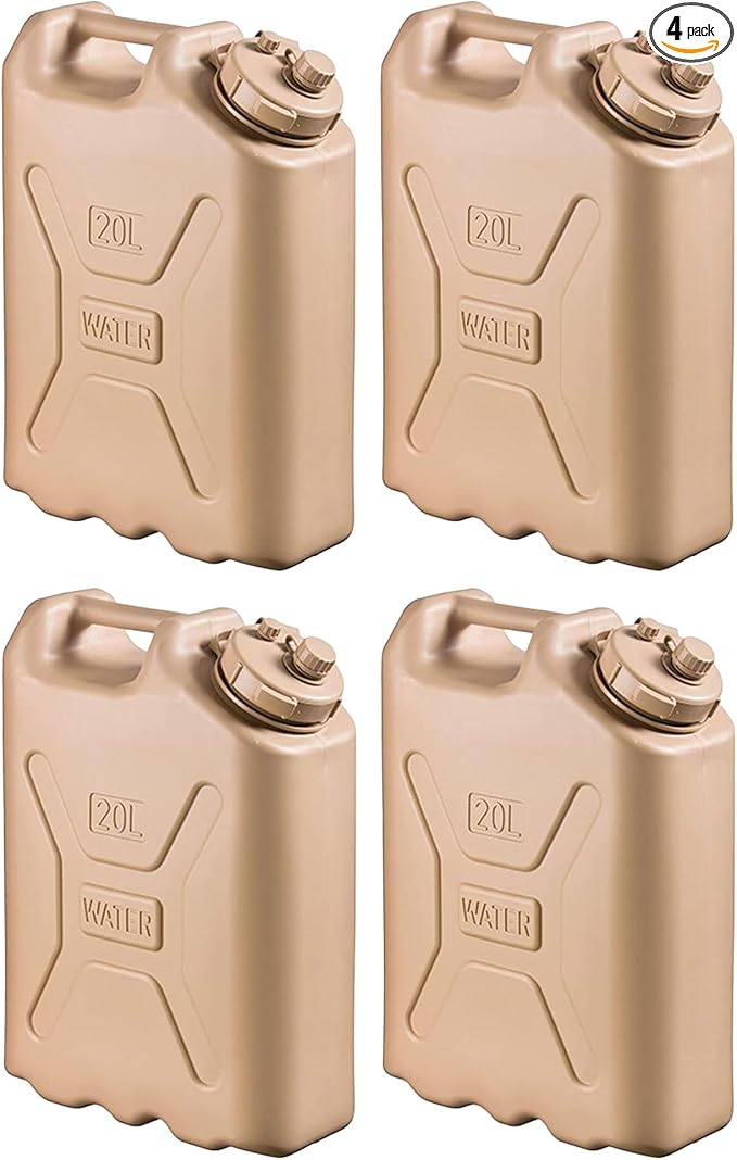 Scepter 4-Pack Portable Military Style Water Container for Camping &amp Outdoors 5 Gallon Sand - Heavy-Duty Plastic Beverage and Hydration Dispenser for Outdoor Trip