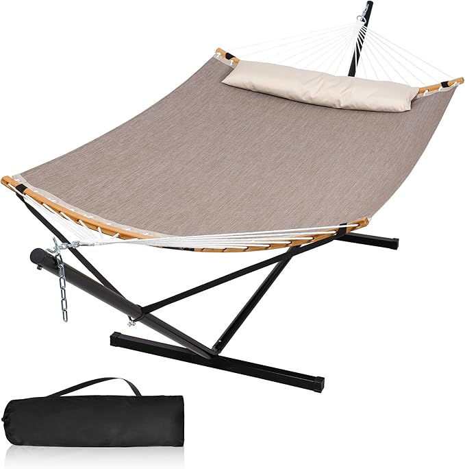 Quick Dry Hammock with Stand Included Heavy Duty Hammock with 12FT Hammock Stand for Outside Poolside 450 Lbs Capacity Brown