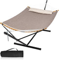Quick Dry Hammock with Stand Included Heavy Duty Hammock with 12FT Hammock Stand for Outside Poolside 450 Lbs Capacity Brown