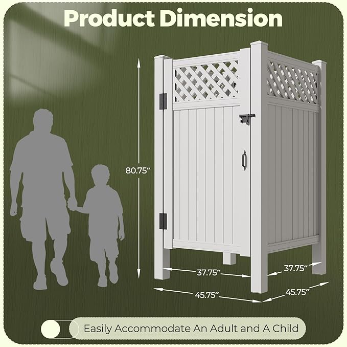 EROMMY 80.75H x 45.75W x 45.75L White PVC Outdoor Shower Enclosure with Door Weatherproof Privacy Stall for Pool &amp Beach Durable Vinyl Construction(Grid-panel)
