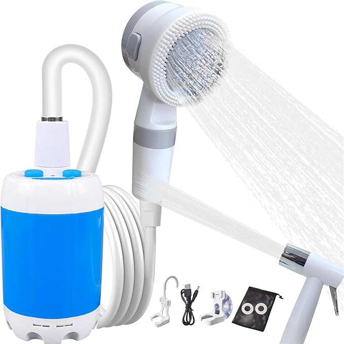 Portable Camping Shower with Rechargeable Pump – Adjustable Water Flow Built-in Cleaning Brush 60 Min Battery Life USB Charging Lightweight &amp Compact for Camping Hiking Beach &amp Pet Bathi