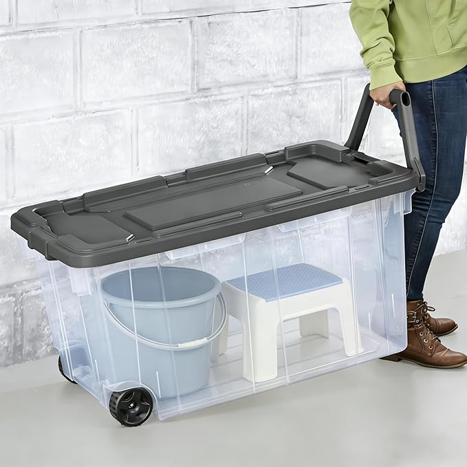 2 Pack 160 Quart Wheeled Storage Bins - Stackable Heavy Duty Clear Totes with Secure Latch Lid &amp Reinforced Pull Handle Ideal for Garage Closet &amp Moving (Clear/Gray)