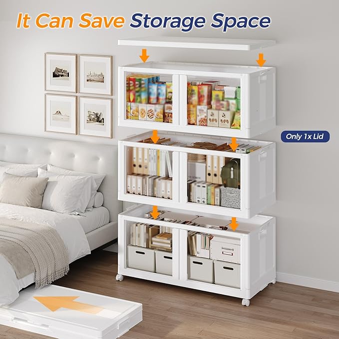 150Gal/600QT 3-Tier Stackable Collapsible Storage Bins Extra Large Closet Organizers with Lid &amp Wheels &amp Doors Foldable Plastic Cabinet Container for Clothes Snack Craft Organizing White