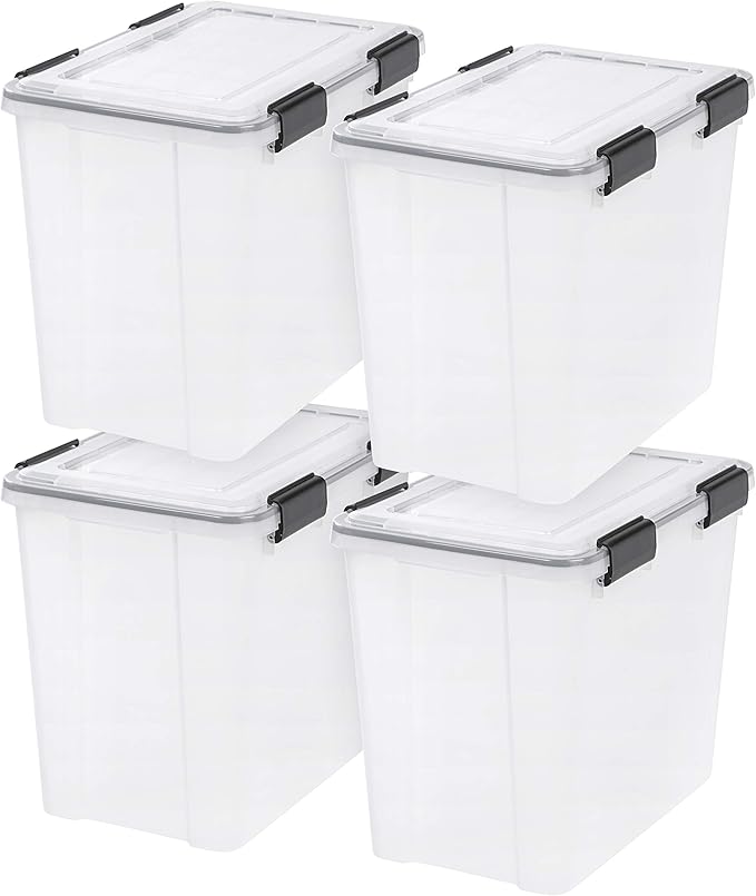IRIS USA WeatherPro 32 Qt Storage Bins with Lids 4 Pack BPA-Free Plastic Gasket Box with Tight Latch and Seal Stackable Nestable Tote Tub - Clear/Black