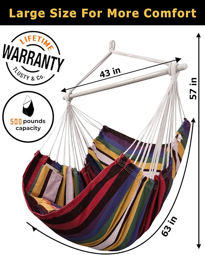 XXL Hammock Chair Hanging Rope Swing with 2 Cushions - Max 500lbs-Perfect for Patio Porch Bedroom Backyard Indoor or Outdoor - Includes Hanging Hardware Kits Rainbow