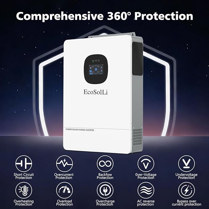 10000W Hybrid Solar Inverter48V DC to 110V/240V(settable) AC Split Phase Solar InverterUL1741 Pure Sine Wave Inverter Built-in 2 MPPTs Max 220A Battery Max. 6 Parallel for Home RVs Lead Acid/Li