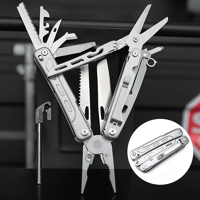 Multitools 20-in-1 Full-Size Lightweight EDC Multi-Purpose PliersWith Safety Locking Knife Tactical Gear Tools Men Gift Ideas Equipment for Emergencies Hiking and Outdoor Camping (Silver)