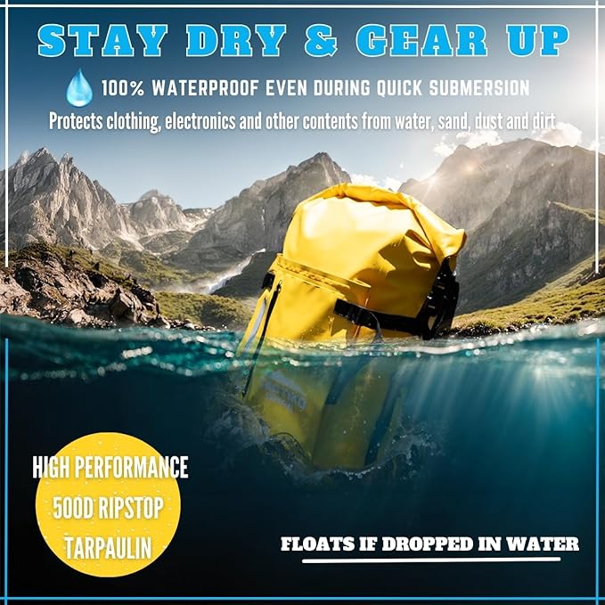 Tactiko 30L Heavy-Duty 100% Waterproof Backpack - Dry Roll-Top Floating Backpack - Rip-Stop Tarpaulin - Comfortable Padded Shoulders &amp Back - Waist Strap - Large Utility Pocket Carabiner (Yellow)