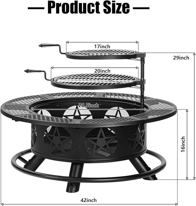 42 Inch Fire Pit with 2 Grills Extra Large Wood Burning Fire Pits for Outside with Lid &amp Poker Heavy Duty FirepitBBQ&amp Outdoor Fire Pit &amp Round Metal Table 3 in 1 for Patio Picnic Part