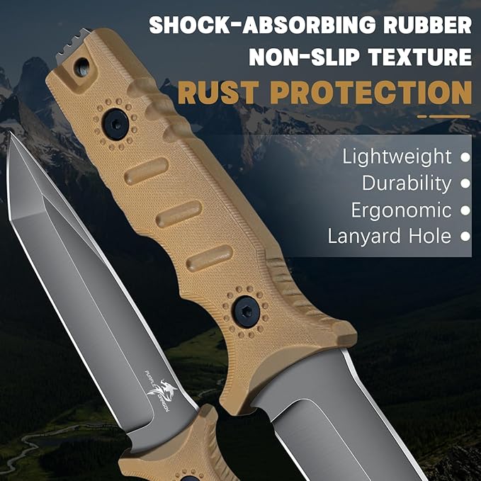 Purple Dragon Khaki Fixed Blade Outdoor Knife with Kydex SheathsD2 Steel Camping Knives for BushcraftHiking and WildernessFull Tang G10 Handle Gifts for Men