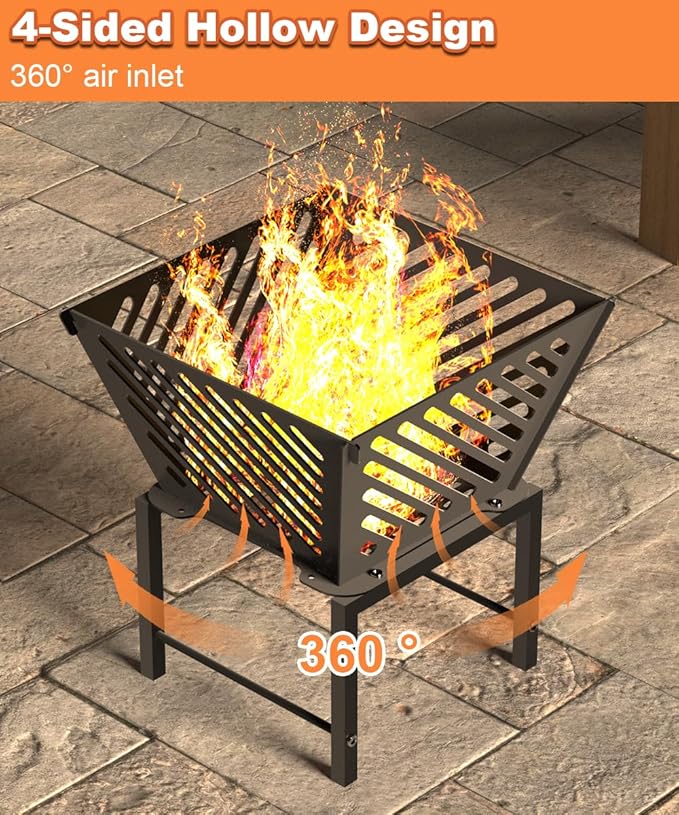 Mondazie Outdoor Fire Pit — 17 Inch Portable with Storage Bag for Camping Patio Heating Picnic and BBQ Trapezoid Diagonal Hollow Black