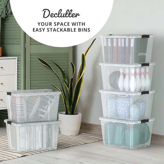 Lifetime Appliance Parts 6 PACK 34 Qt. Plastic Storage Bin Tote Organizing Container with Ultra Durable Lid &amp Secure Latching Buckles Stackable Extra Strength Clear w/Black Handle