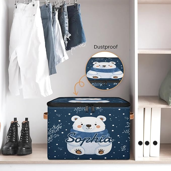Custom Storage Basket with Name Personalized Storage Bins with Zipper Lid Foldable Fabric Storage Box Large capacity with Handle Snowflake White Bear