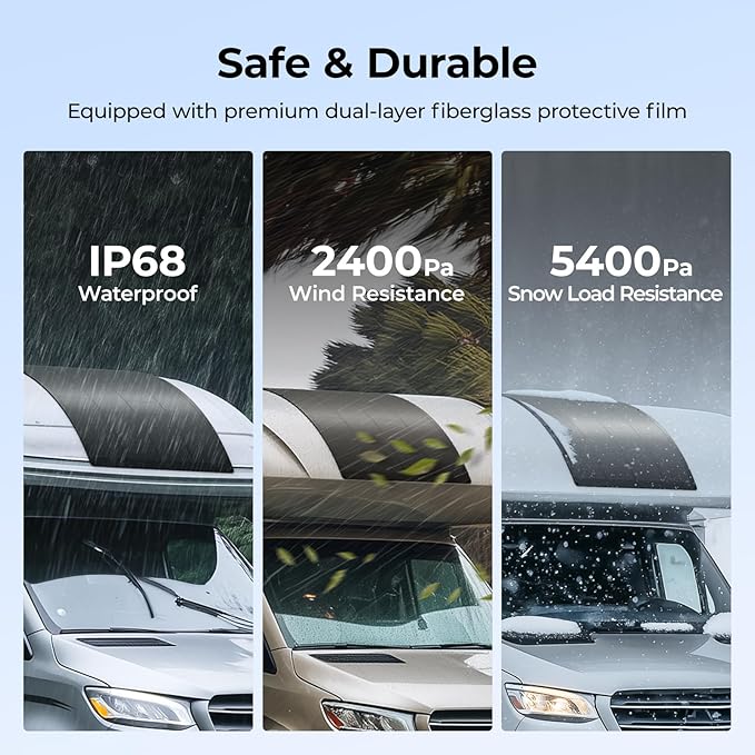 BougeRV Arch Pro 200 Watts Anti-Shading N-Type Fiberglass Flexible Solar Panel Portable 24 Volts 16BB Mono Cell 25% High-Efficiency Compact for RV Camping Home Boat Marine Curve Surface Black