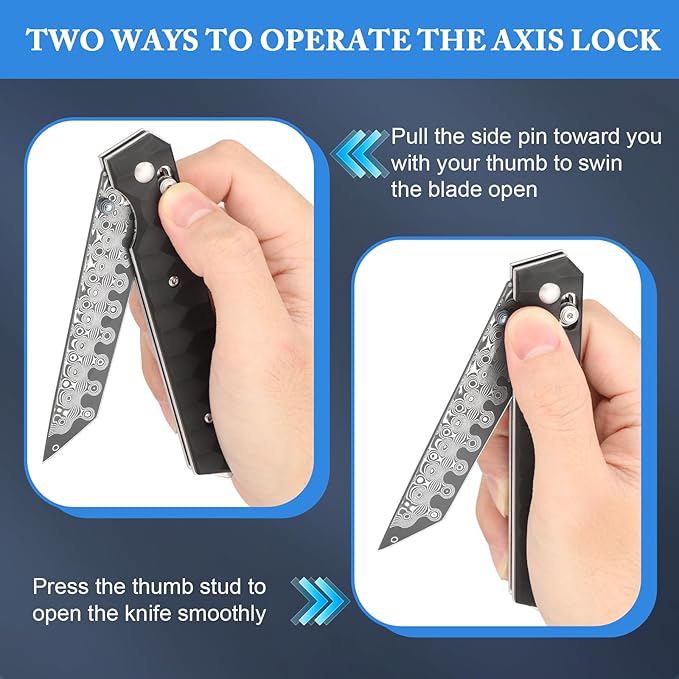 AUBEY Damascus Axis Lock Pocket Knife 3.54 Tanto Blade Crossbar Lock Folding Knives with Clip for Men Women Aluminum Handle with Glass Breaker for EDC Camping Gift
