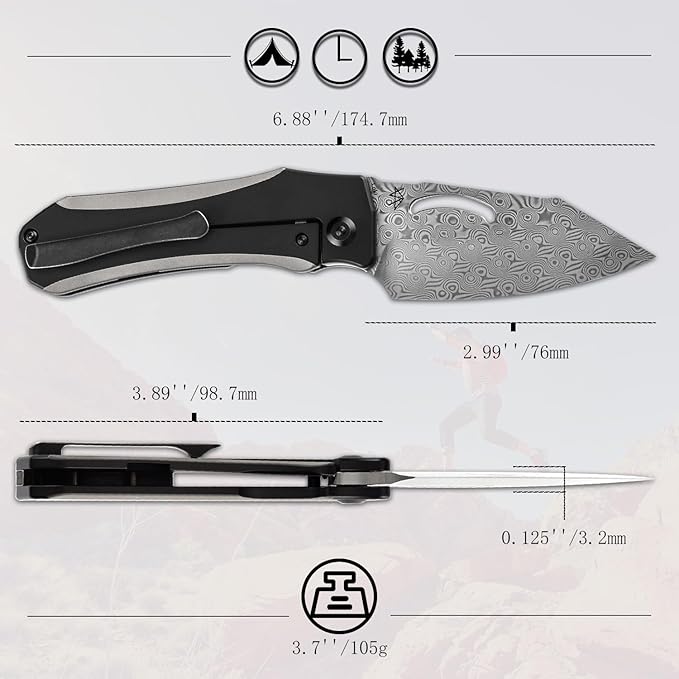 KANSEPT Loki Pocket Folding Knives for Men EDC Camping Folding Knife 2.99'' Damascus Blade Material Pocke Knife with Plain &amp Black Anodized Titanium Handle Everyday Carry K1058A3