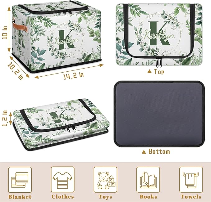 Personalized Eucalyptus Initials Storage Bins with Zipper Lid Custom Fabric Storage Boxes Foldable Closet Organizers Cubes for Clothes Shelves Home Decorative 2PCS Sage Green