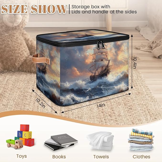 Storage Bins with Lids Ship Ocean Storage Basket Clothes Organizer with Handles Closet Storage Containers for Clothing Bedding Blanket