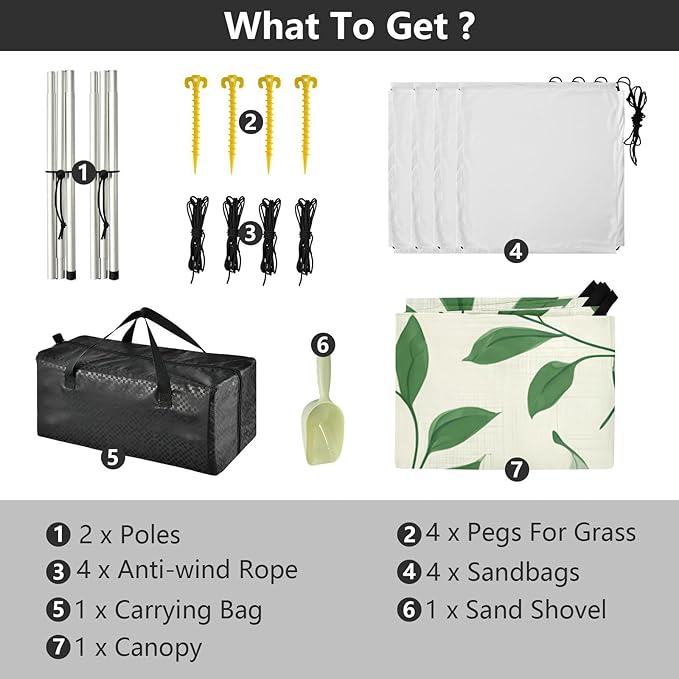 Beach Canopy with Windproof Ropes &amp Sandbags Beach Tent Sun Shade Sun Shelter for Camping Trips Fishing Backyard Fun or Picnics Leaves