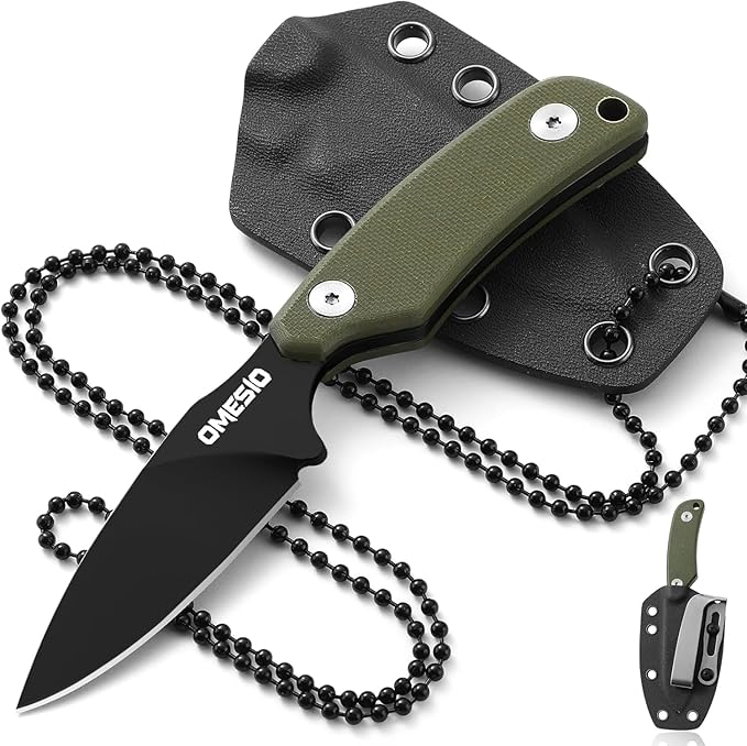 Omesio Compact Neck Knife with Sheath and Necklace D2 Steel 2.99-Inch Blade Full Tang G10 Handle Fixed Blade for EDC Hiking Camping (Black Blade + Green Handle)