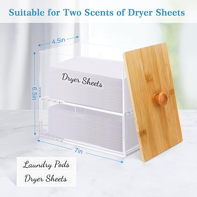 JYPS 1+1 Acrylic Dryer Sheet Holder with Drawer and Bamboo Lid Clear Acrylic Large-Capacity Laundry Pods Container Scent Boosters &amp Powder Laundry Room Organization decor Storage Jars Set