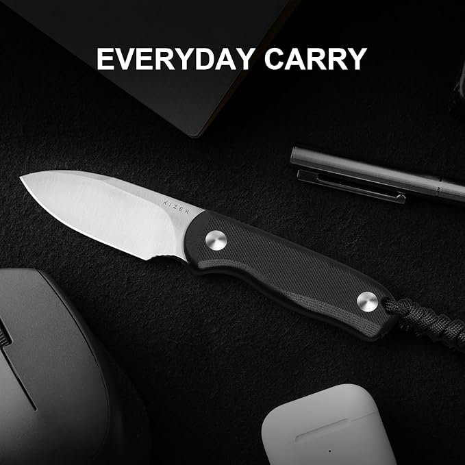 Kizer Drop Bear Fixed Blade Knife 2.57 D2 Satin Blade EDC Camping Knife with Black G10 Handle and Hidden Tools Outdoor Full Tang Hunting Survival Knives with Adjustable Kydex Sheath 1094M2