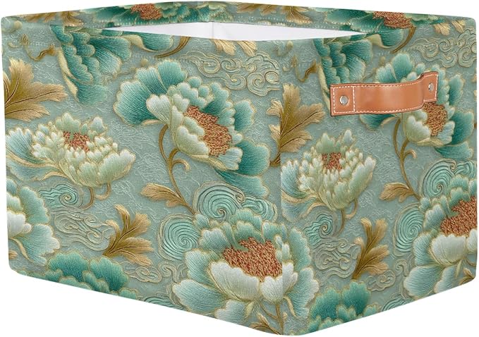 Pardick Teal Flower Floral Basket Storage Bins Large Fabric Toys Storage Cube Box with Handles Collapsible Closet Shelf Cloth Organizer Basket for Nursery Bedroom Bathroom Holiday Gift