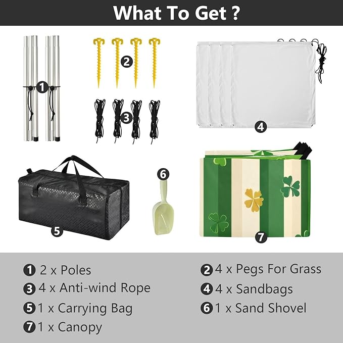 St Patrick's Striped Shamrocks Beach Tent Sun Shelter Set UPF50+ UV Protection 10.5 x 9.19 FT Camping Shade Canopy with Sandbags Sand Anchors Carrying Bag and Others