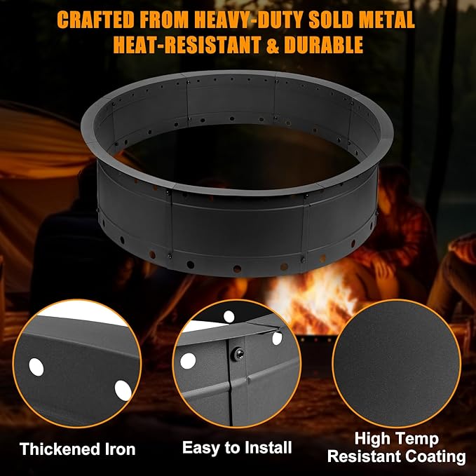 36 Inch Fire Pit Ring Large Outdoor Campfire Pit for Patio Backyard Garden Smokeless Steel Firepit with Air Vent for Efficient Burning &amp Anti-Rust Coating Black Steel