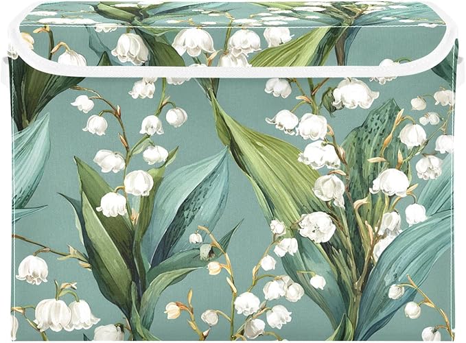 susiyo Large Foldable Storage Bin with Flip-Top Lid Lily Of The Valley Storage Box Collapsible Closet Organizer Containers Boxes Decorative Baskets with Handles for Home Bedroom Living Room Office