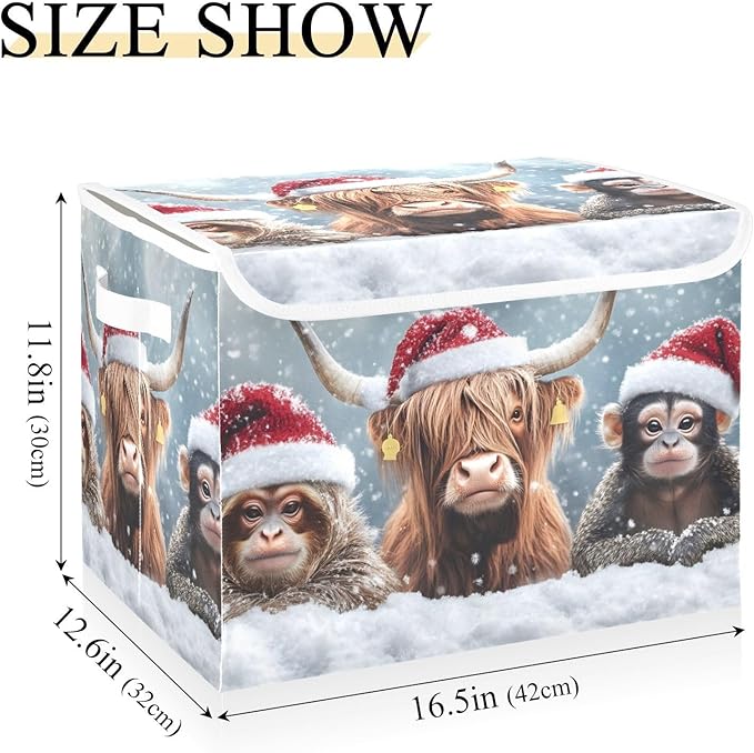 Storage Cube with Lid Christmas Cow Monkey Print 16.5×12.6×11.8 IN Collapsible Large Capacity Foldable Storage Basket Bin Organizer