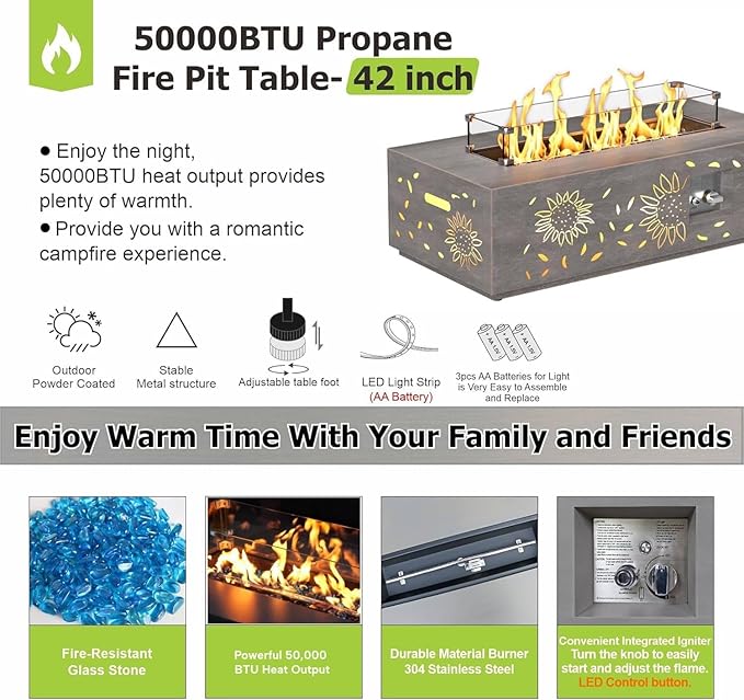 2-Piece 42 LED Rectangular Propane Fire Pit for Outside Patio with Hidden Tank Table 50000 BTU Fireplaces with Glass Wind Guard Lid Glass Rocks Cover(Sunflower w/Warm Light)