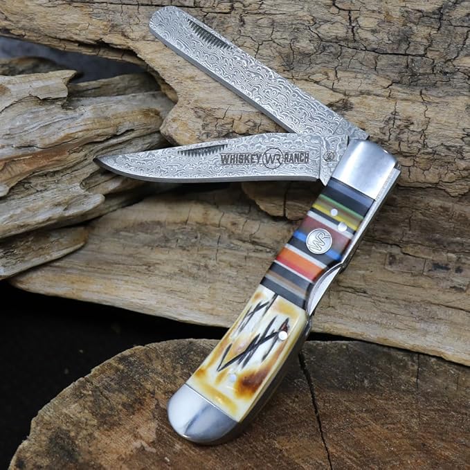 WHISKEY BENT HAT CO. Trapper &amp Locking Bullcutter Folding Pocket Knife 4.125 Closed Length 440C Stainless Steel Blades (Bandito - Damsascus Blades)