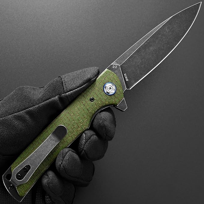 Eafengrow EF973 Folding Knife D2 Steel Blade Micarta Handle Scale Pocket Knife Folder for Working Camping Hiking EDC Tool Knife（army green