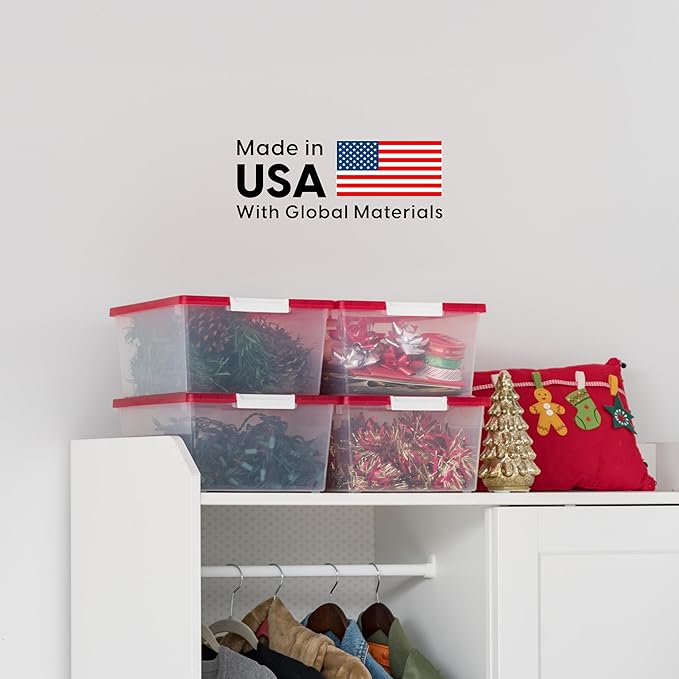 IRIS USA 12 Qt. Plastic Storage Bins Containers with Lids 4 Pack Sensory Bin Craft Storage Craft Organizers and Storage Organizing Container for Home Office School Supplies Stackable Clear/Red